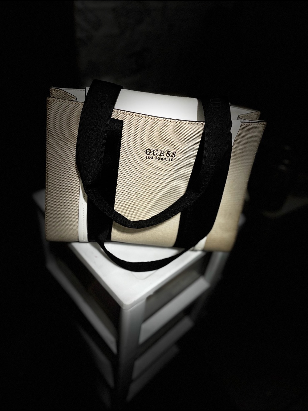 GUESS Beige Canvas Tote with Black Straps and White Trim